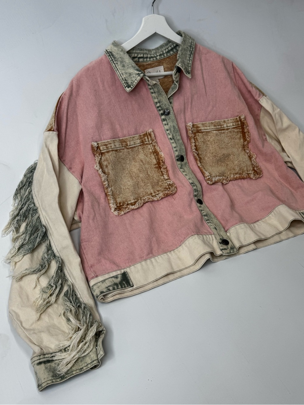 Oli & Hali Pink and Cream Patchwork Fringe Jean Jacket Size Large